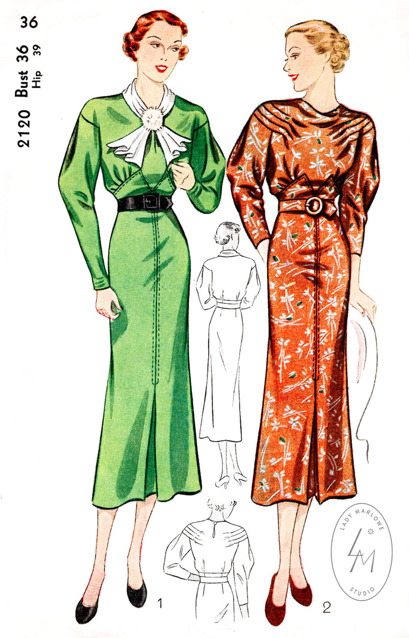 1930s 30s dress Simplicity 2120 pleated jabot collar leg of mutton sleeves vintage sewing pattern reproduction