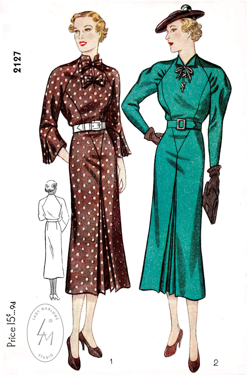 1930s 30s dress Simplicity 2127 raglan sleeves high neckline leg of mutton sleeves vintage sewing pattern reproduction