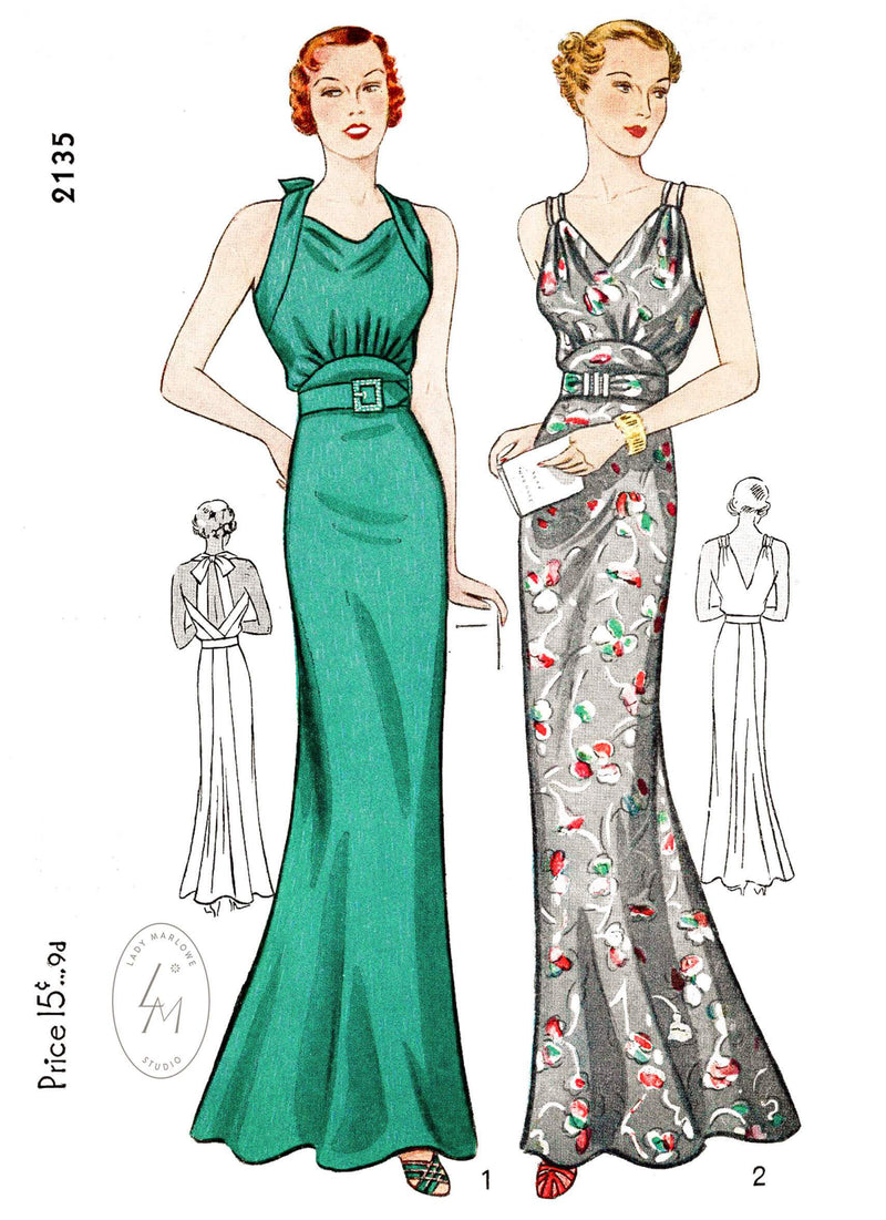 1930s 30s Simplicity 2135 evening dress t straps rounded underbust yoke vintage dress sewing pattern reproduction