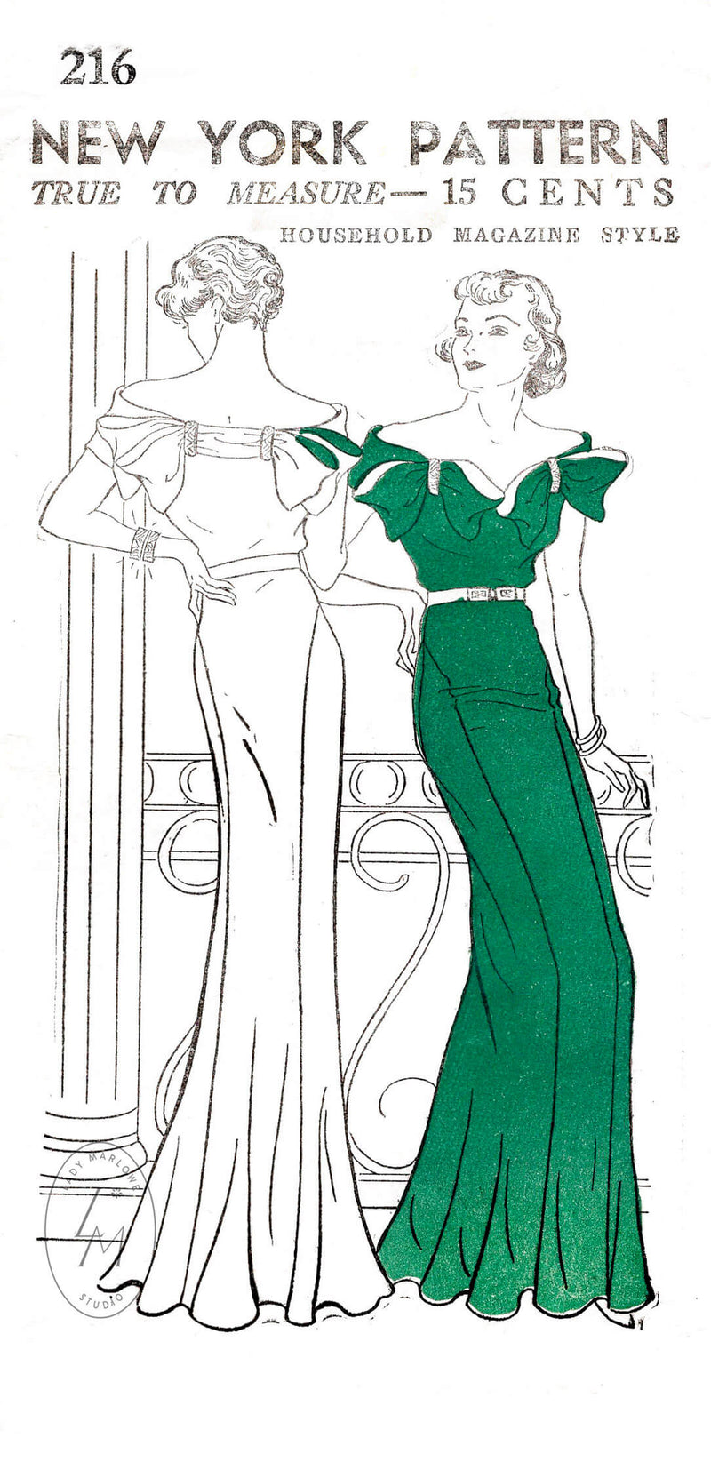 1930s art deco evening dress New York Pattern 216 off shoulder dress vintage sewing pattern reproduction