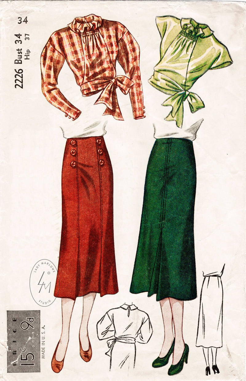 Simplicity 2226 1930s vintage sewing pattern blouse & skirt set 1930 30s