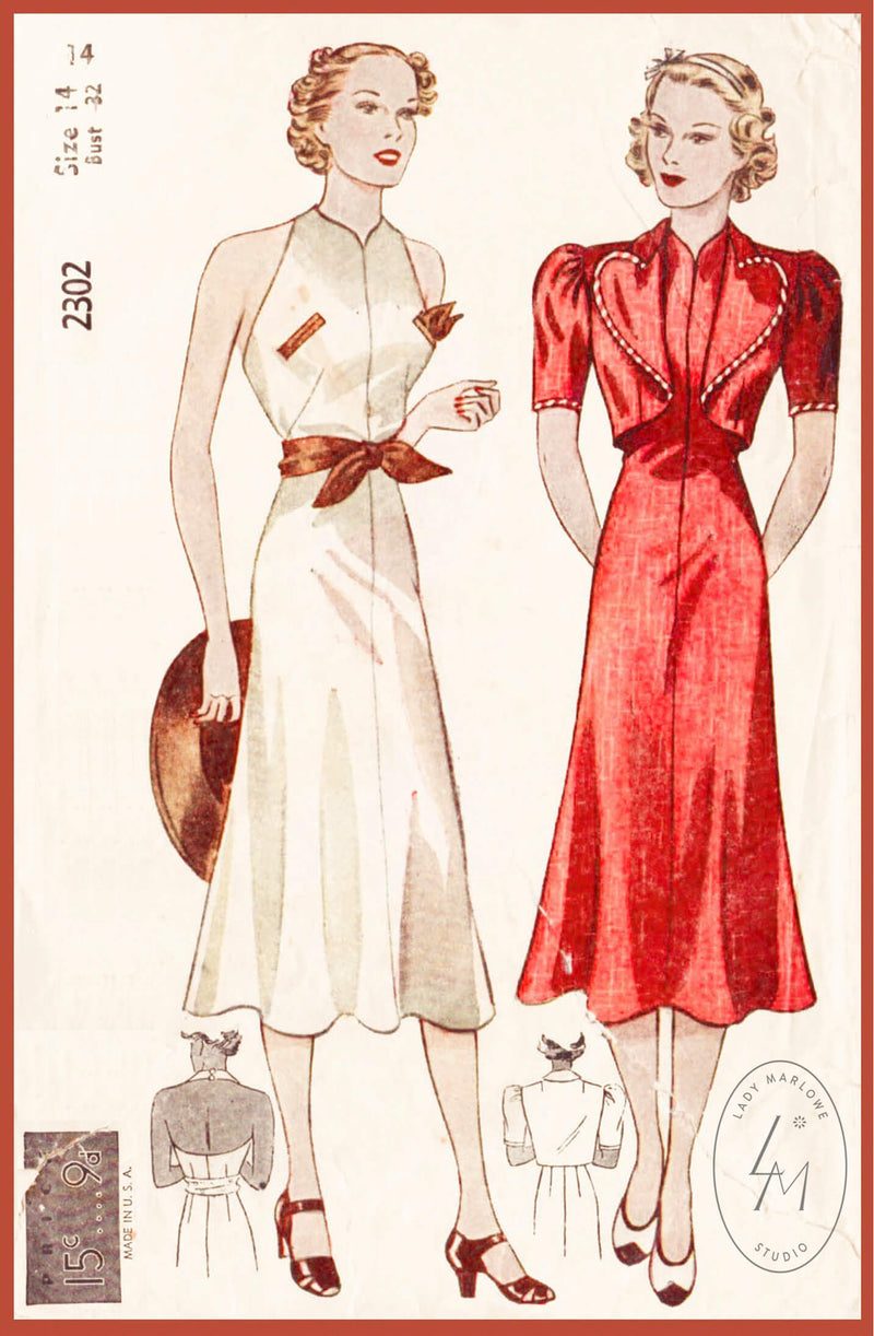 Simplicity 2302 1930s vintage sewing pattern 1930 30s day dress bolero 