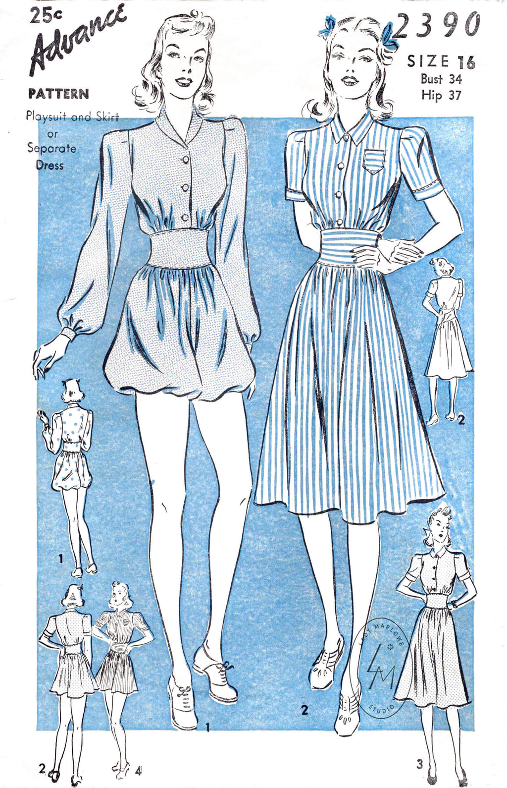 1940s 40s Advance 2390 beachwear pattern romper playsuit sun dress vintage sewing pattern reproduction