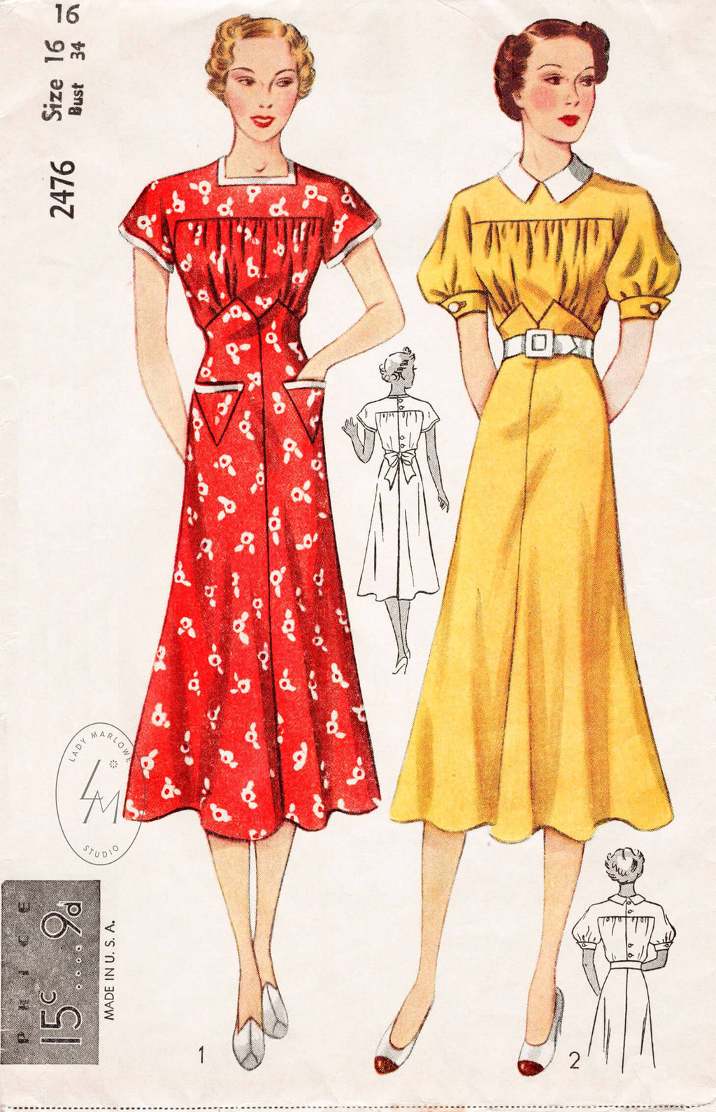 Simplicity 2476 1930s puff sleeve day dress vintage sewing pattern