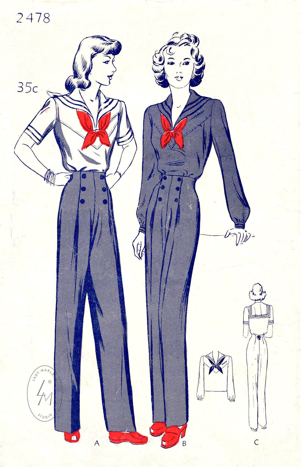 1940s 40s sailor suit blouse 2 styles nautical trousers vintage sewing pattern reproduction Butterick 2478