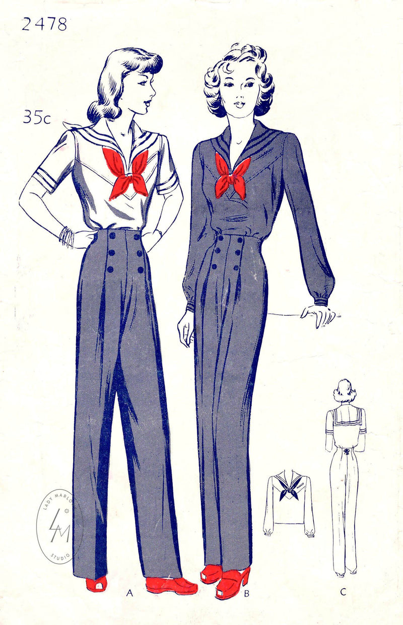 1940s 40s sailor suit blouse 2 styles nautical trousers vintage sewing pattern reproduction Butterick 2478