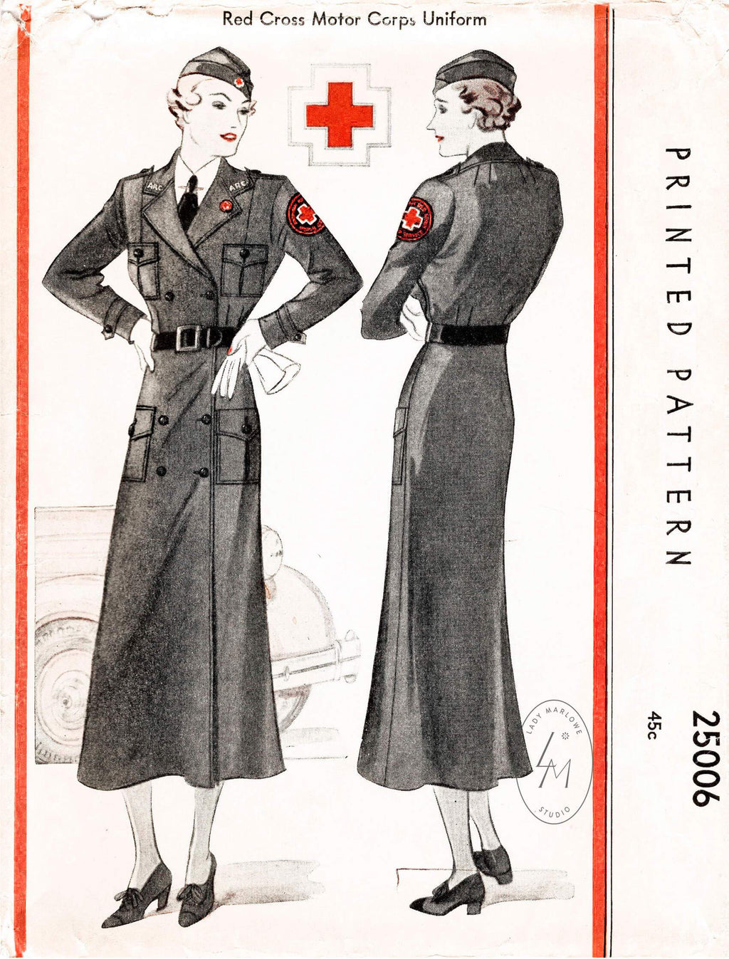1930s 1935 Red Cross Motor Corps uniform McCall 25006 double breasted dress & cap vintage sewing pattern reproduction