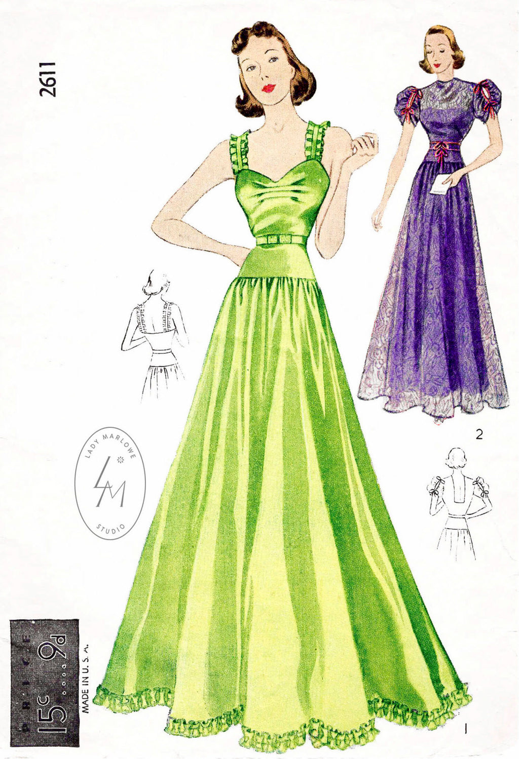 1930s 30s Simplicity 2611 evening dress ball gown puff sleeves or strappy dress vintage sewing pattern reproduction