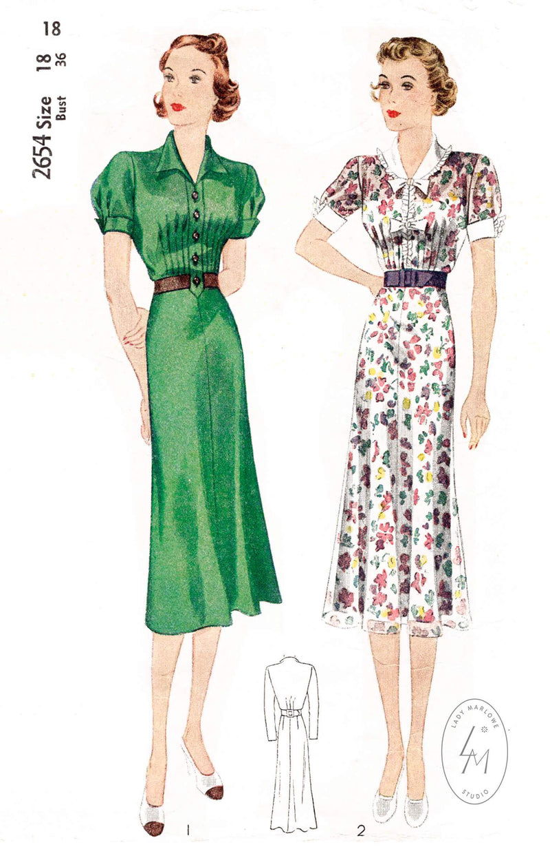 1930s 30s day dress Simplicity 2654 two collar style dart tuck details