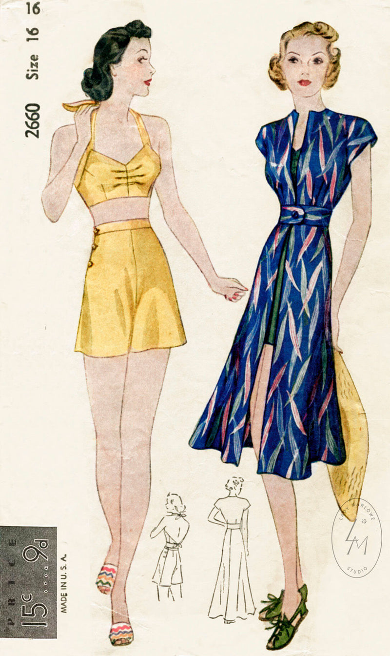 Simplicity 2660 1930s playsuit high waist shorts halter bikini dress sewing pattern