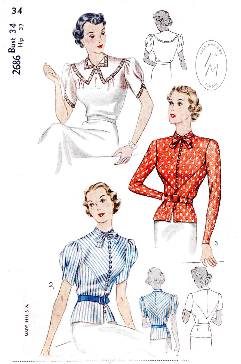 Simplicity 2686 1930s tops blouses vintage sewing pattern reproduction