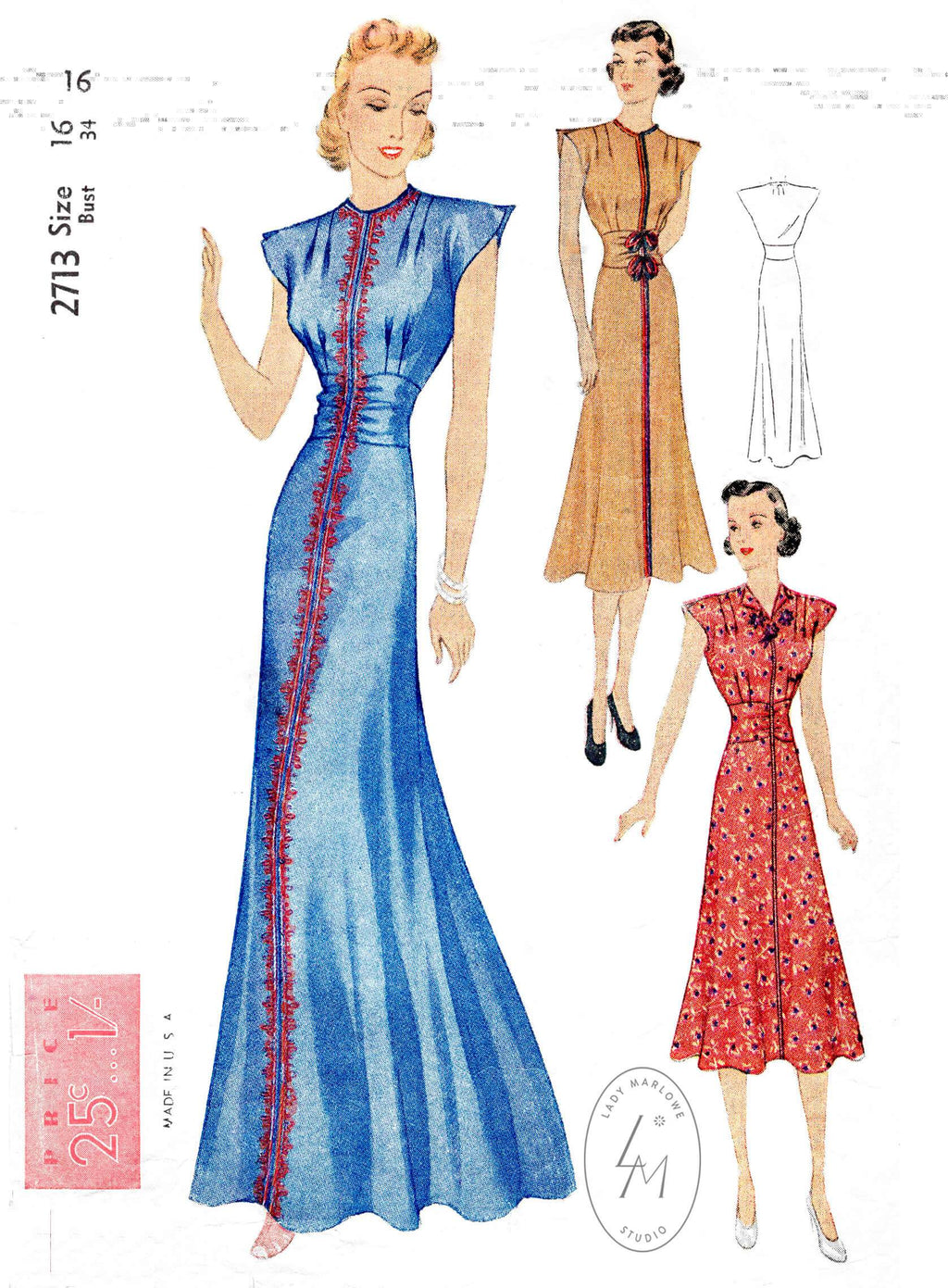 Simplicity 2713 1930s 30s day dress or evening dinner gown kimono cap sleeves braid trim reproduction sewing pattern
