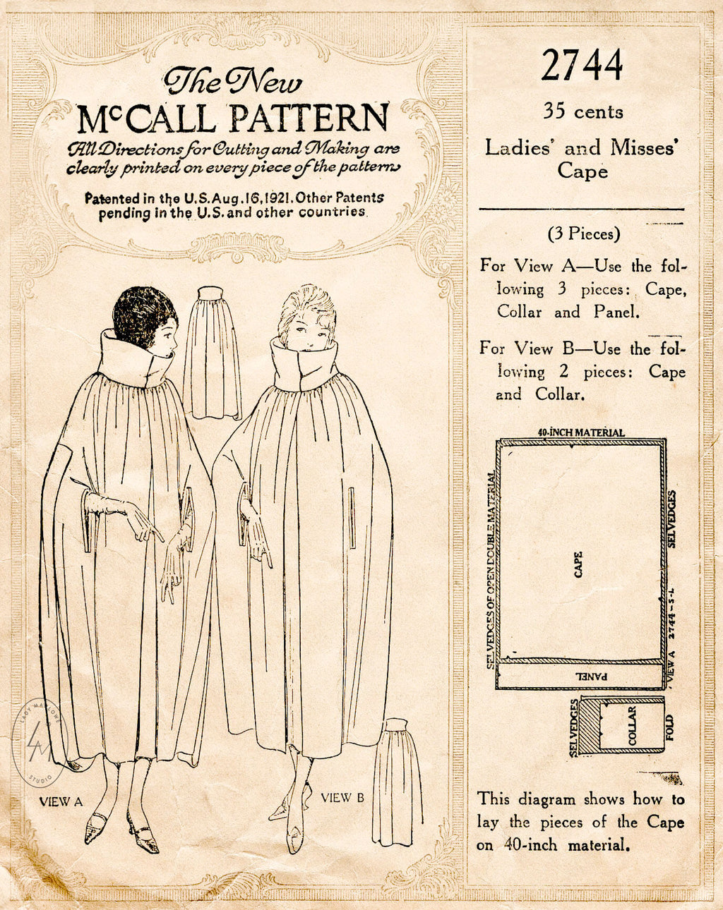 McCall 2744 1920s opera cape high funnel neck vintage sewing pattern repro