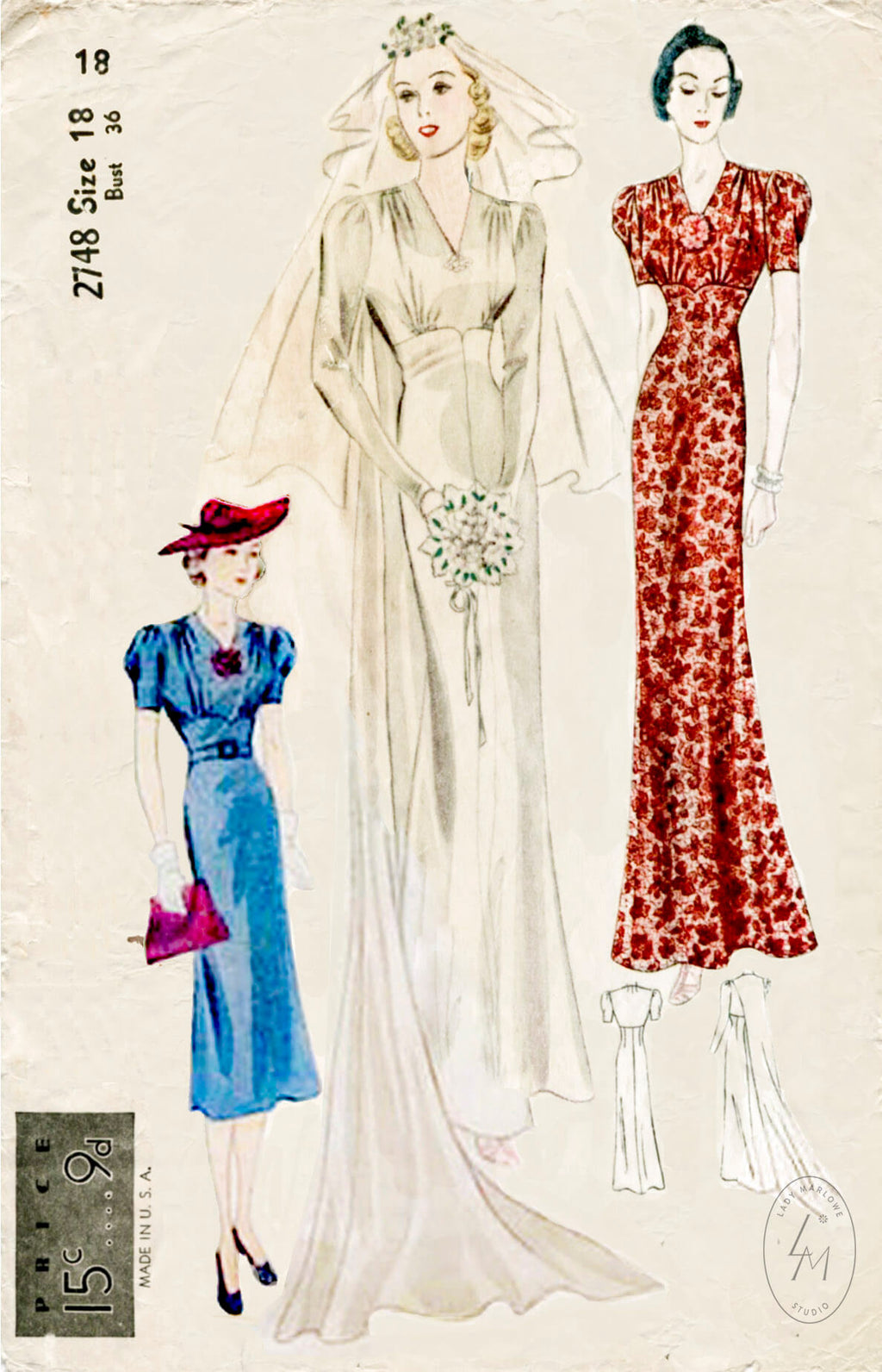 Simplicity 2748 1930s wedding gown vintage sewing pattern