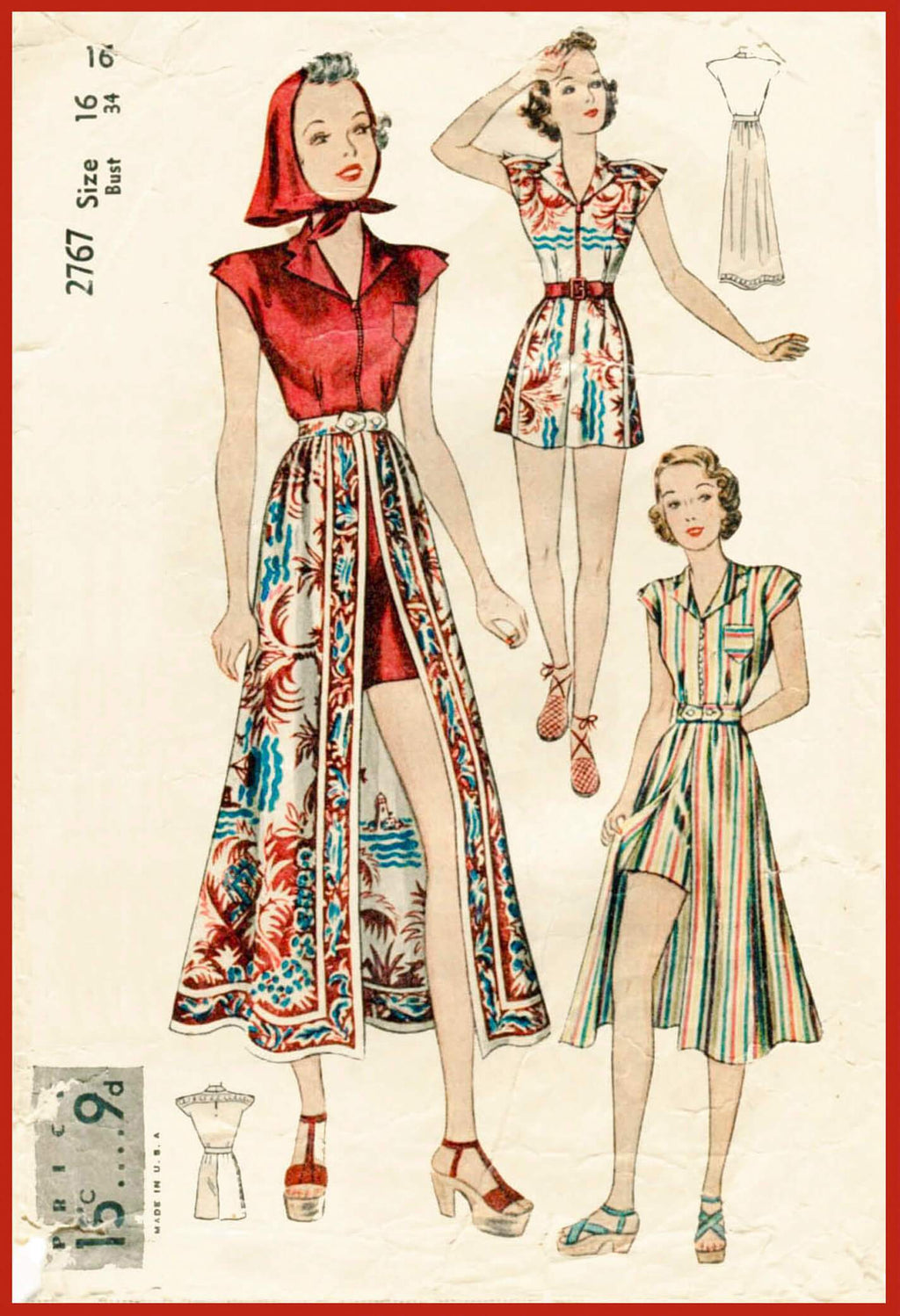 Simplicity 2767 1930s beachwear playsuit skirt vintage sewing pattern