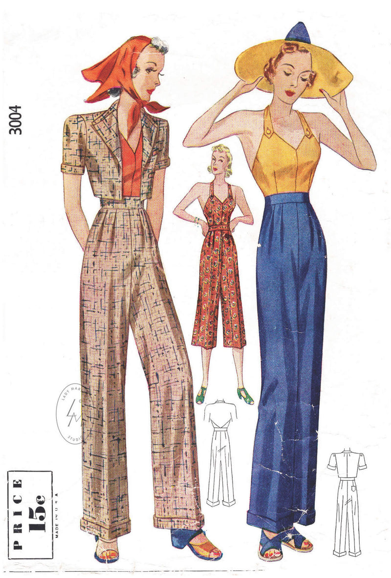 Simplicity 3004 1930s halter top, cropped bolero jacket and slacks trousers vintage sewing pattern reproduction