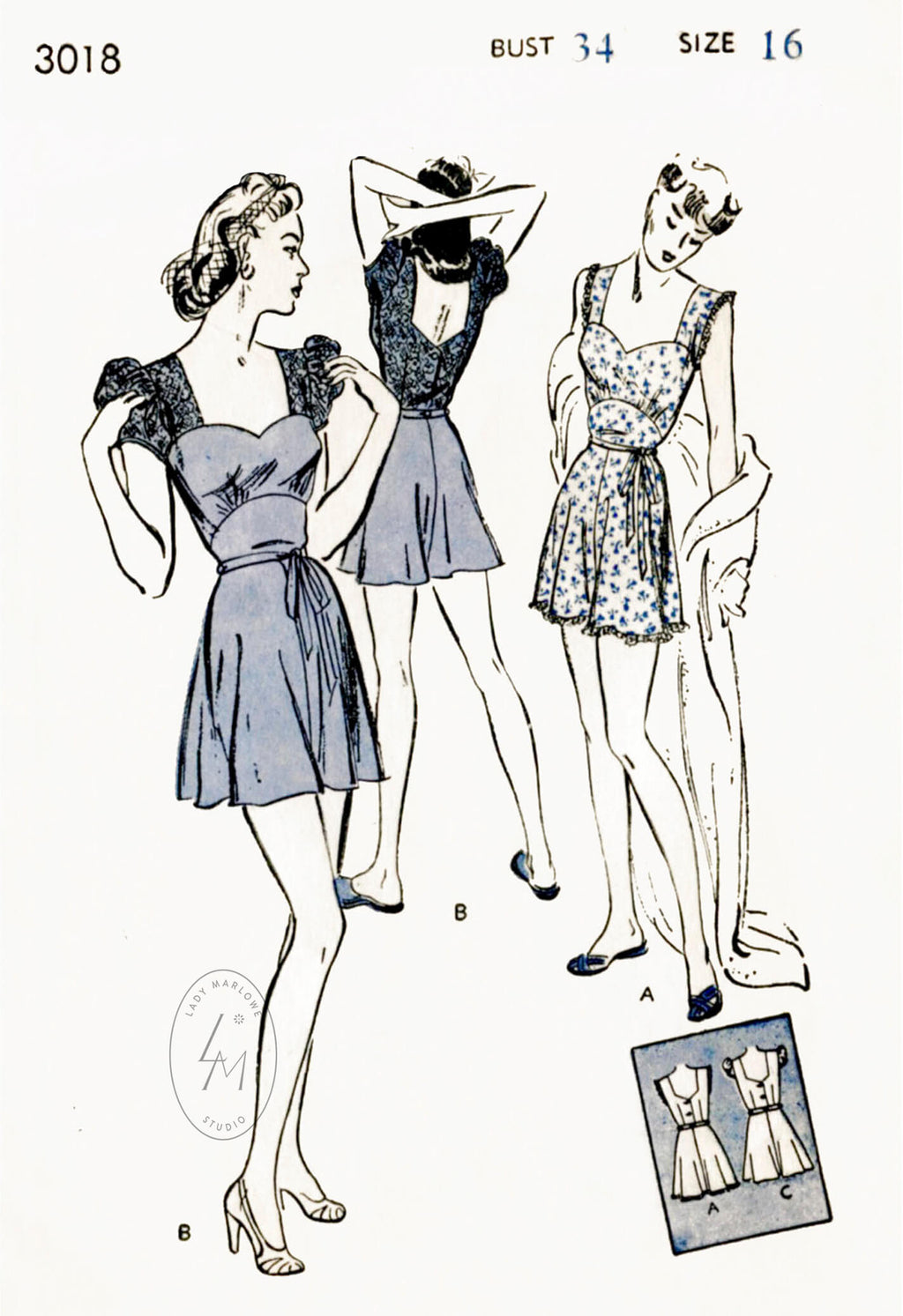 Butterick 3018 1940s vintage lingerie sewing pattern puff sleeve romper lace insets