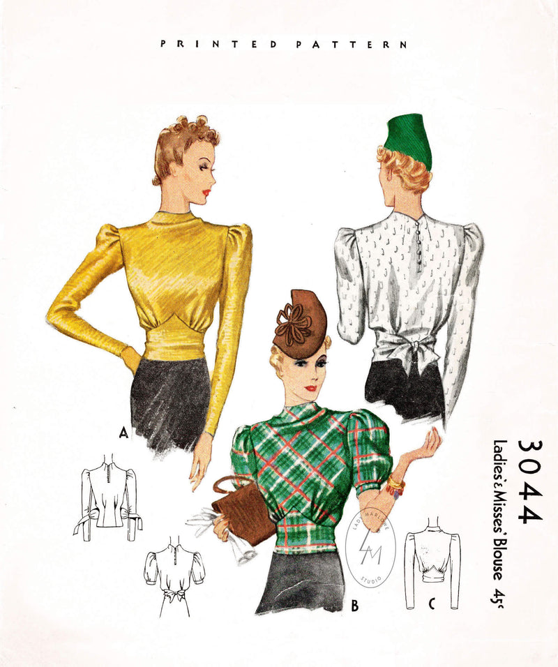 1930s 1935 blouse vintage sewing pattern reproduction puff sleeves tie waist cowl neckline McCall 3044