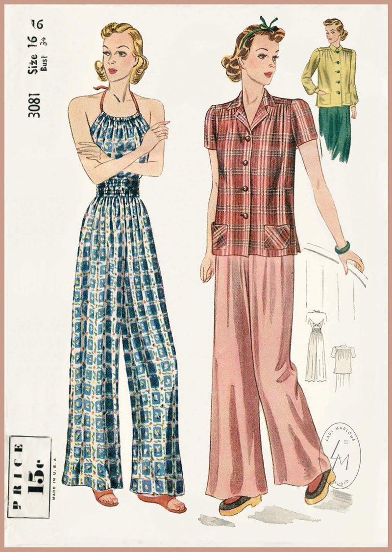 30s Two-Piece Sleeping or Beach Pyjamas, Bust 34 (87 cm) Hip 37 (94 cm),  Simplicity 1971, Vintage Sewing Pattern Reproduction