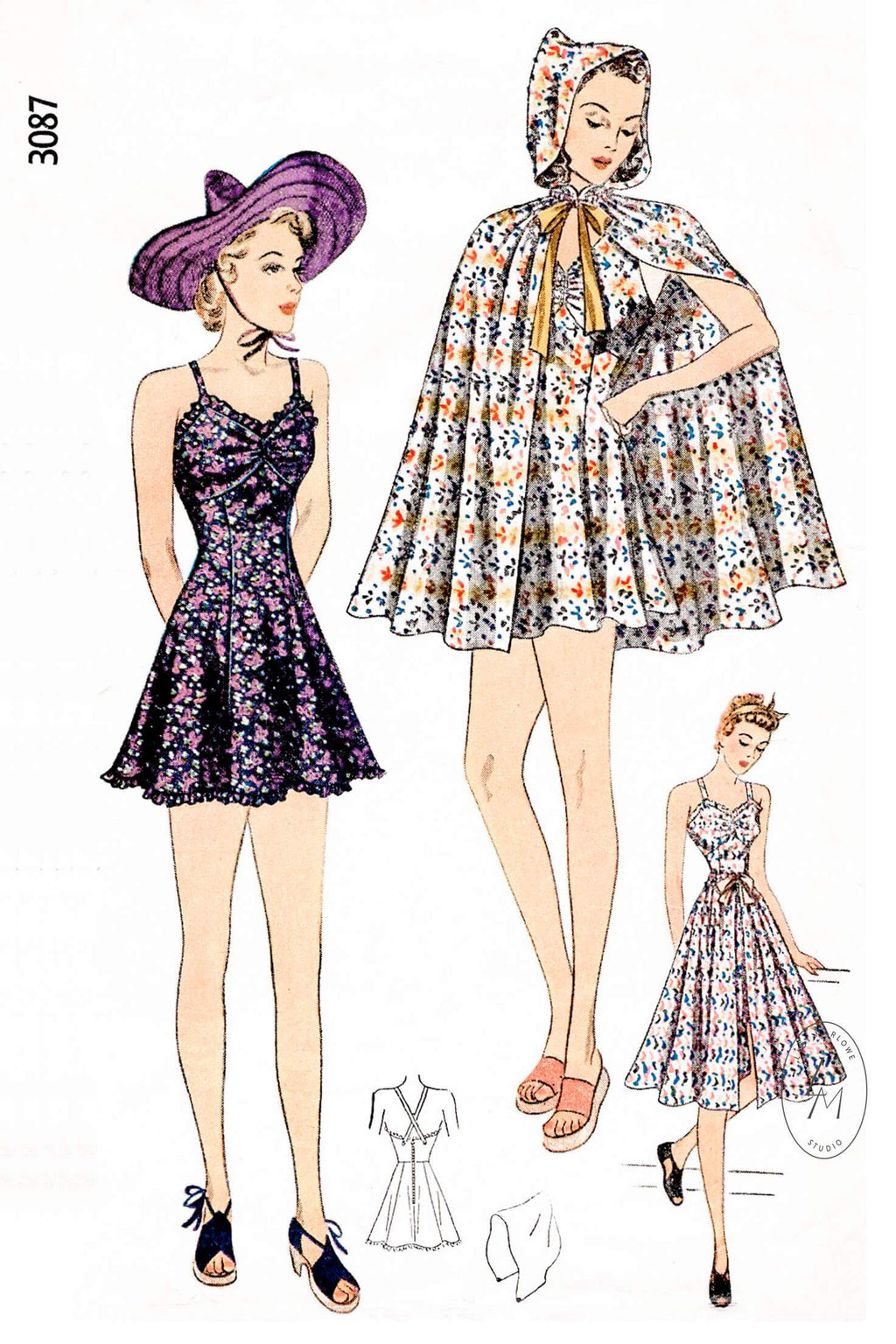 vintage sewing pattern Simplicity 3087 3 piece beachwear ensemble, playsuit, skirt, and cape reproduction