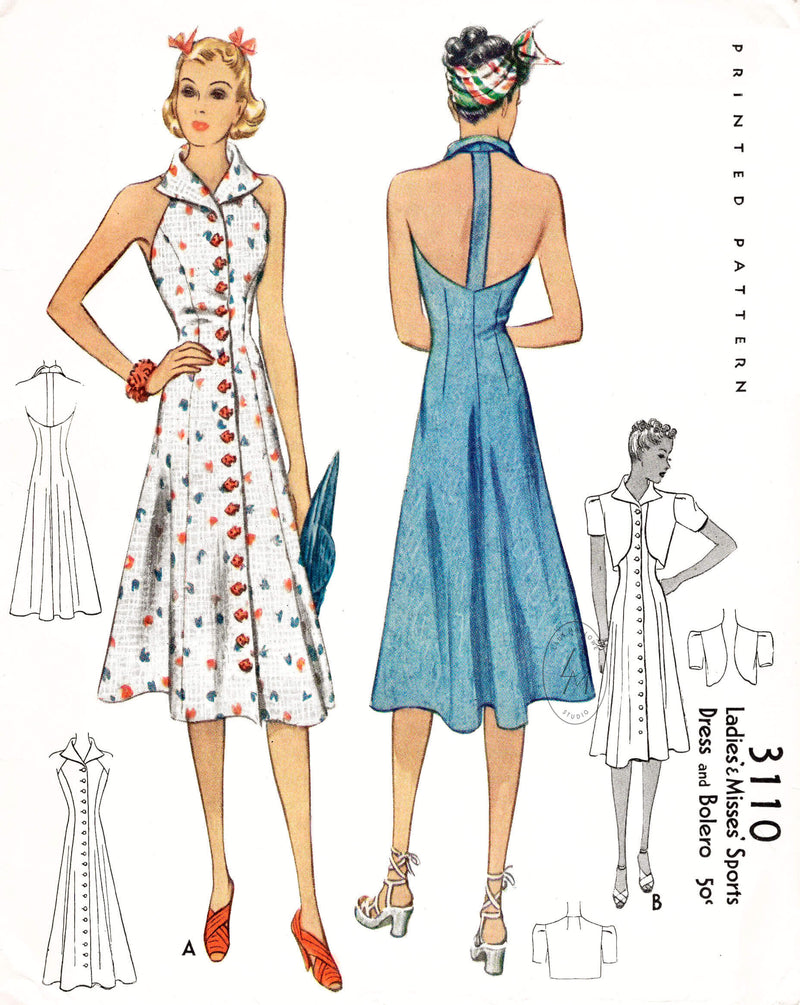 McCall 3110 1930s 1938 beachwear vintage sewing pattern reproduction halter dress and cropped bolero jacket