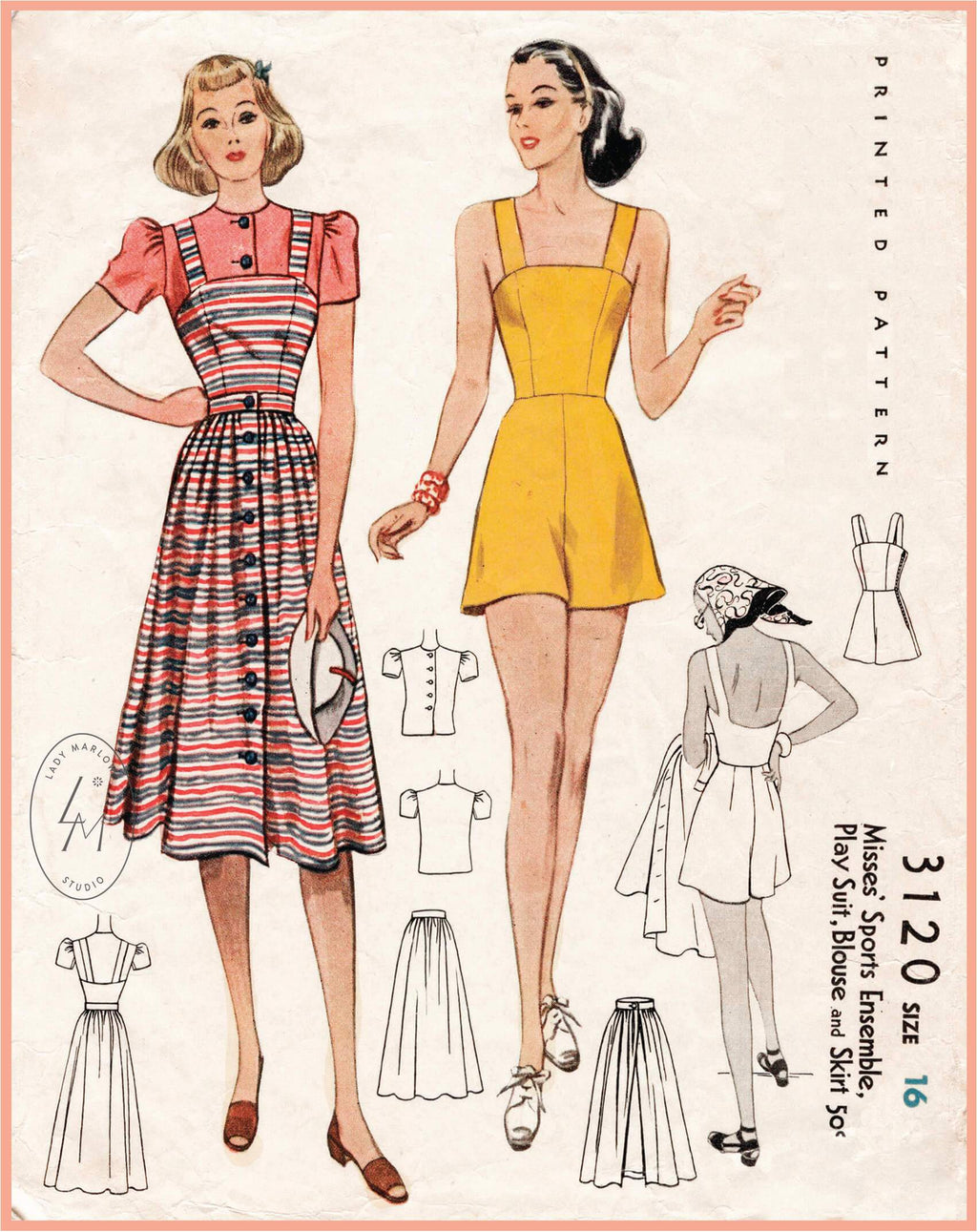 McCall 3120 vintage sewing pattern 1930s 1940s pinafore playsuit puff sleeve blouse dress