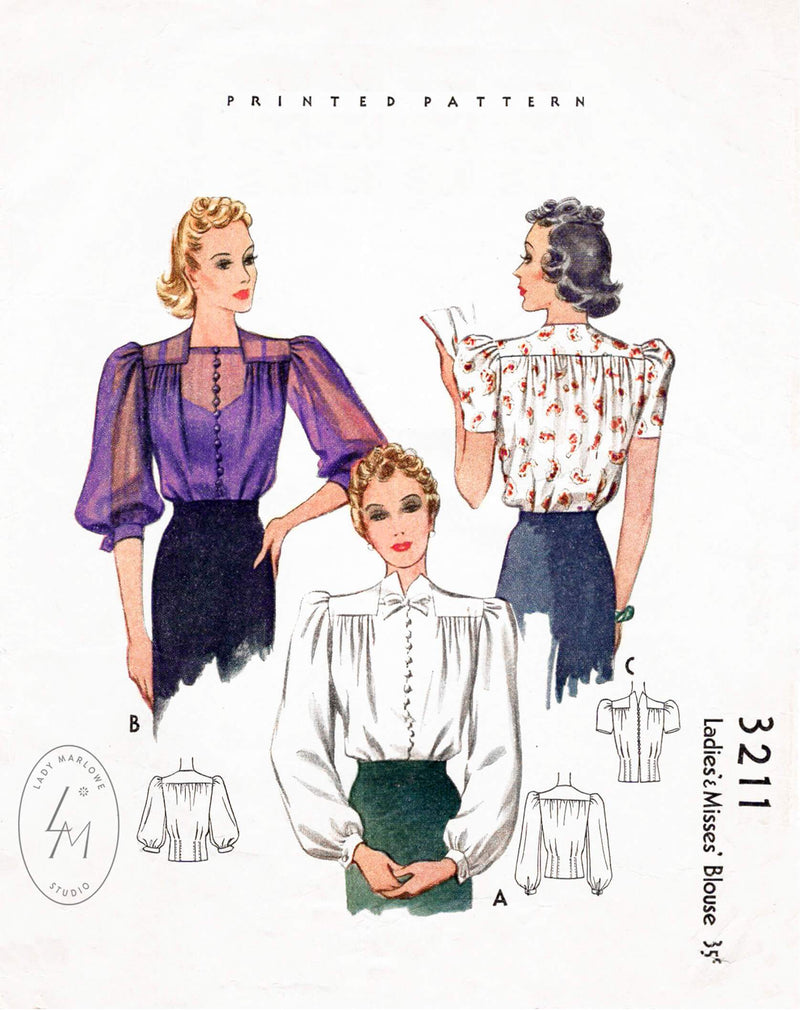 1930s 1939 blouse McCall 3211 shirring & puff sleeves vintage sewing pattern reproduction