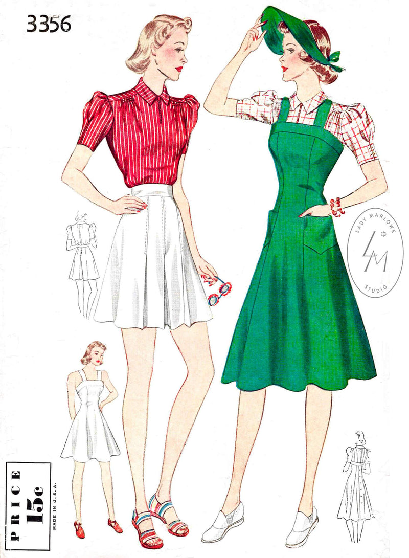 1940s 40s Simplicity 3356 pinafore dress, high waist shorts, puff sleeve blouse  vintage sewing pattern reproduction