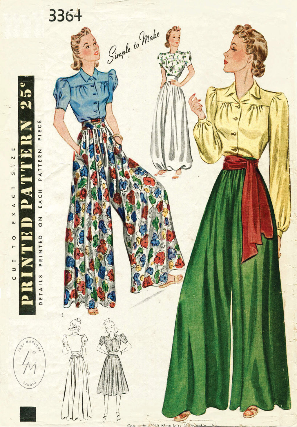 1940s palazzo pants wide leg jumpsuit vintage sewing pattern 3364