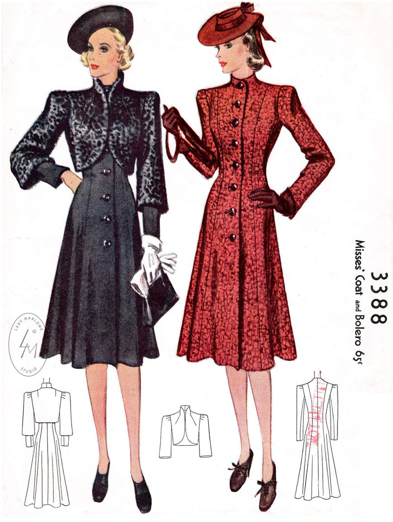 1930s 1939 outwear coat & bolero jacket McCall 3388 princess seams 3/4 sleeves flounce hem vintage sewing pattern reproduction