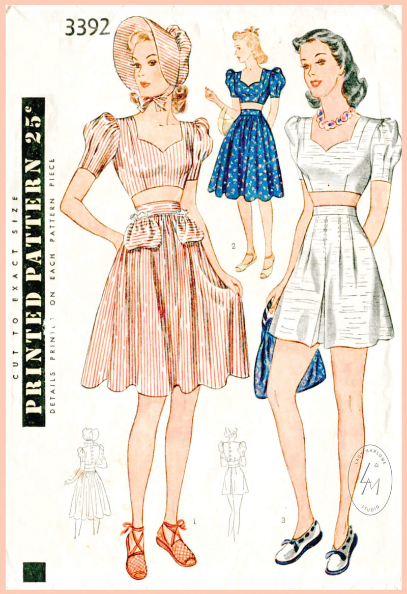 Simplicity 3392 1940s crop top skirt shorts beachwear pattern