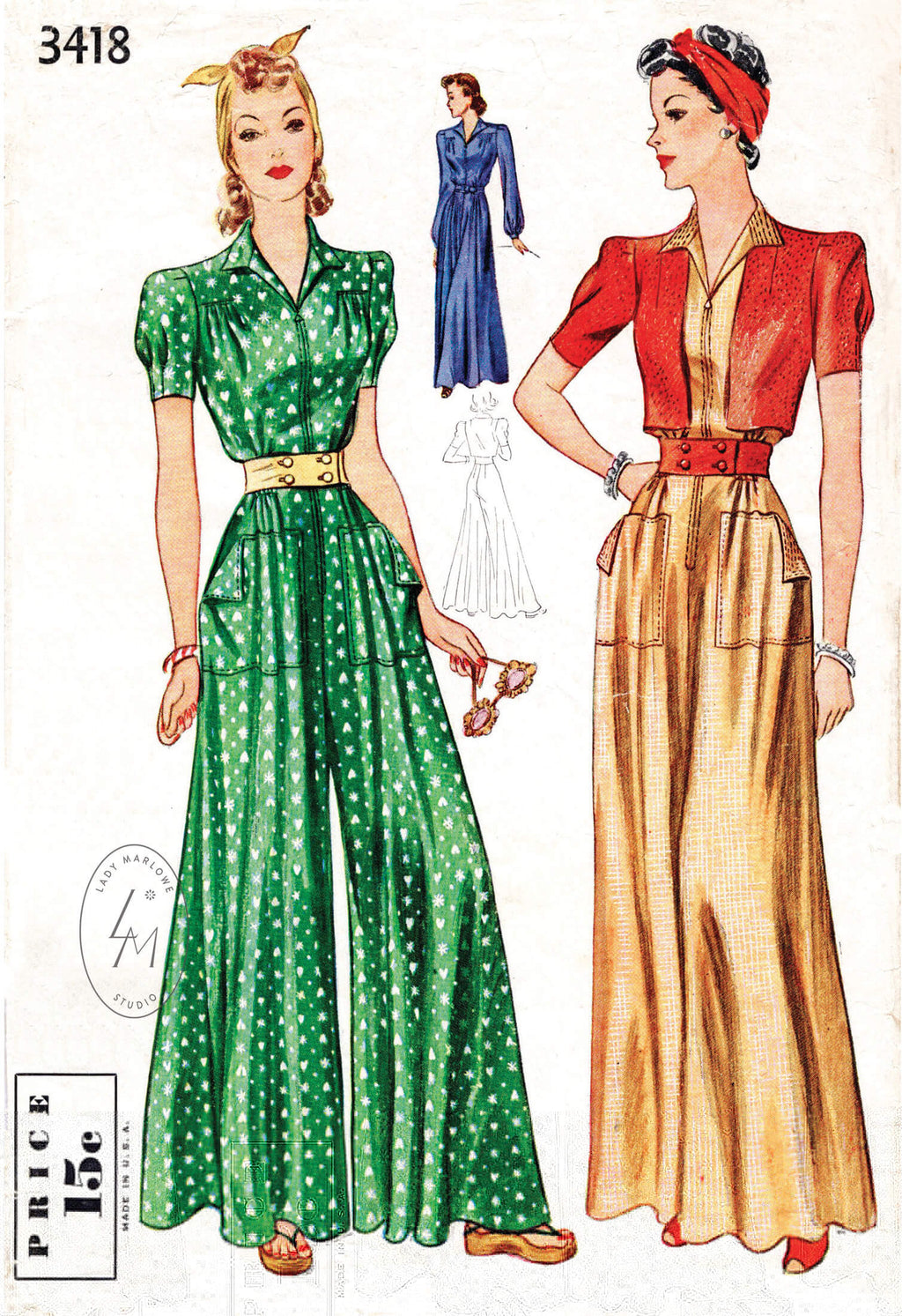 Simplicity 3418 1940s vintage sewing pattern 1940 40s wide leg jumpsuit pants