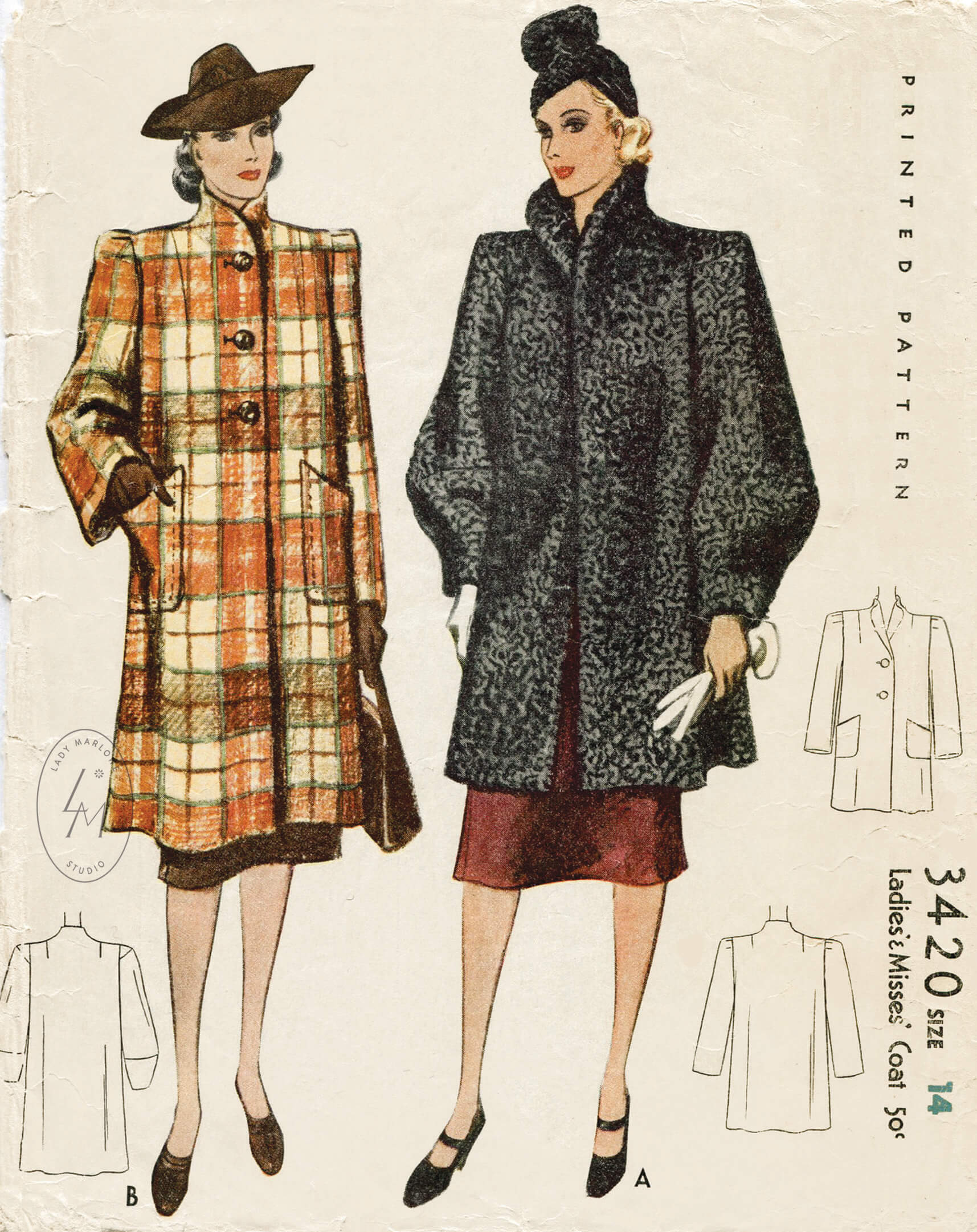 M-3420 | bust 321930s oversized box coat vintage sewing pattern 3420 ...