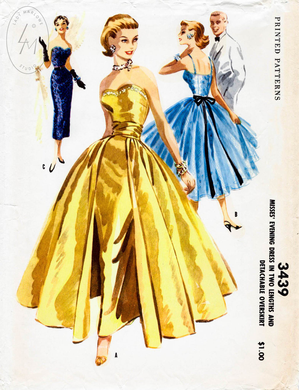 McCall 3439 1950s vintage sewing pattern 1950 50s evening dress ball gown 
