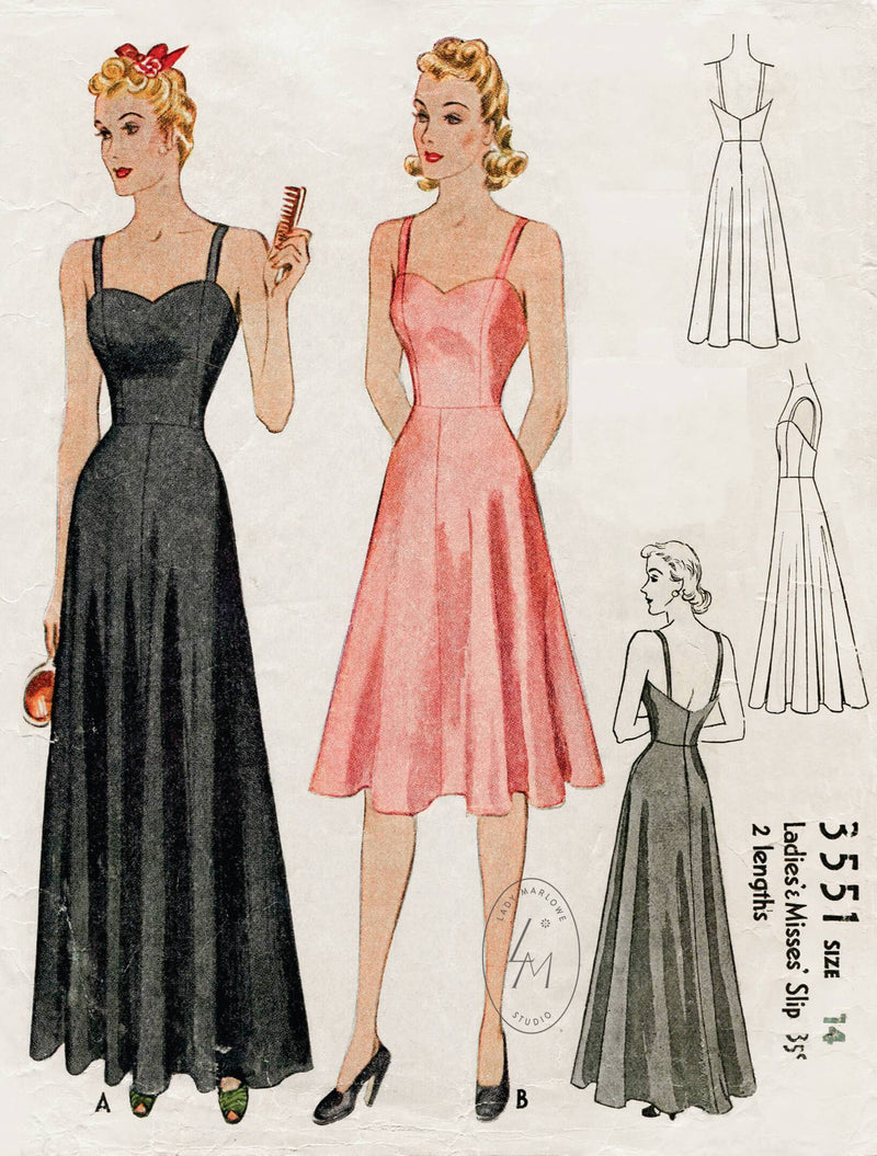 McCall 3551 1940s sweetheart neckline slip dress vintage lingerie pattern