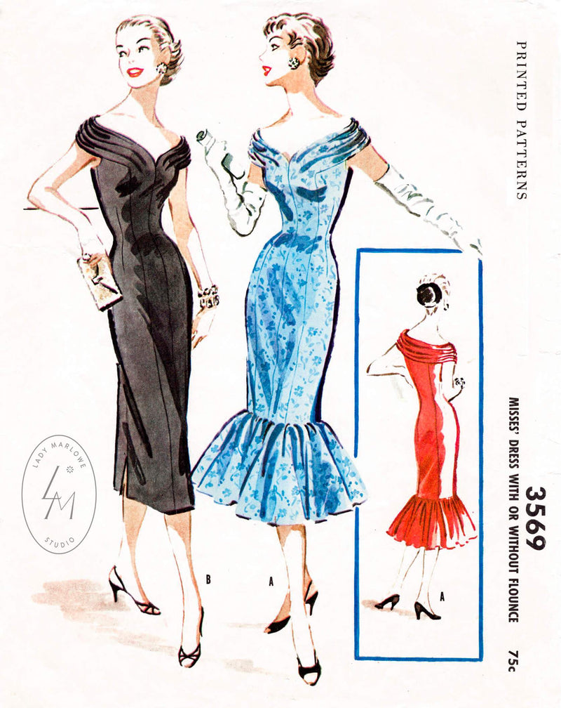 McCall 3569 bardot neckline wiggle dress vintage sewing pattern 1950s 50s wiggle dress reproduction