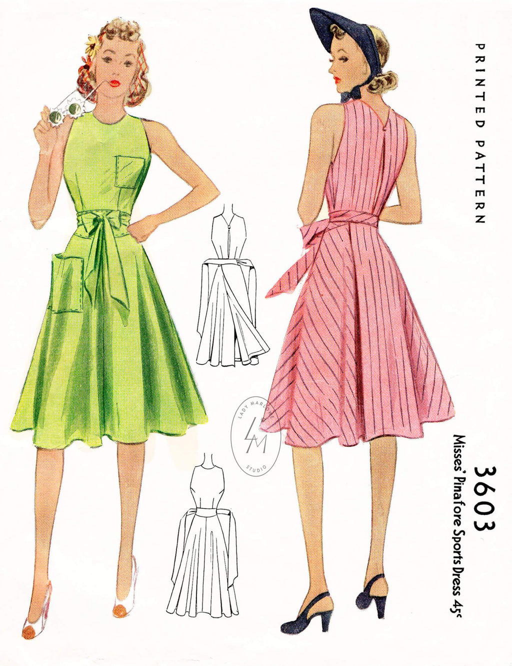 McCall 3603 1940s pinafore sun dress wrap skirt pocket detail vintage sewing pattern reproduction
