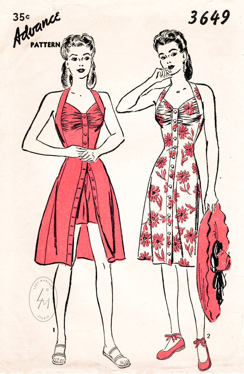 Advance 3649 beachwear ensemble halter dress with ruching at bust high waist shorts vintage sewing pattern reproduction