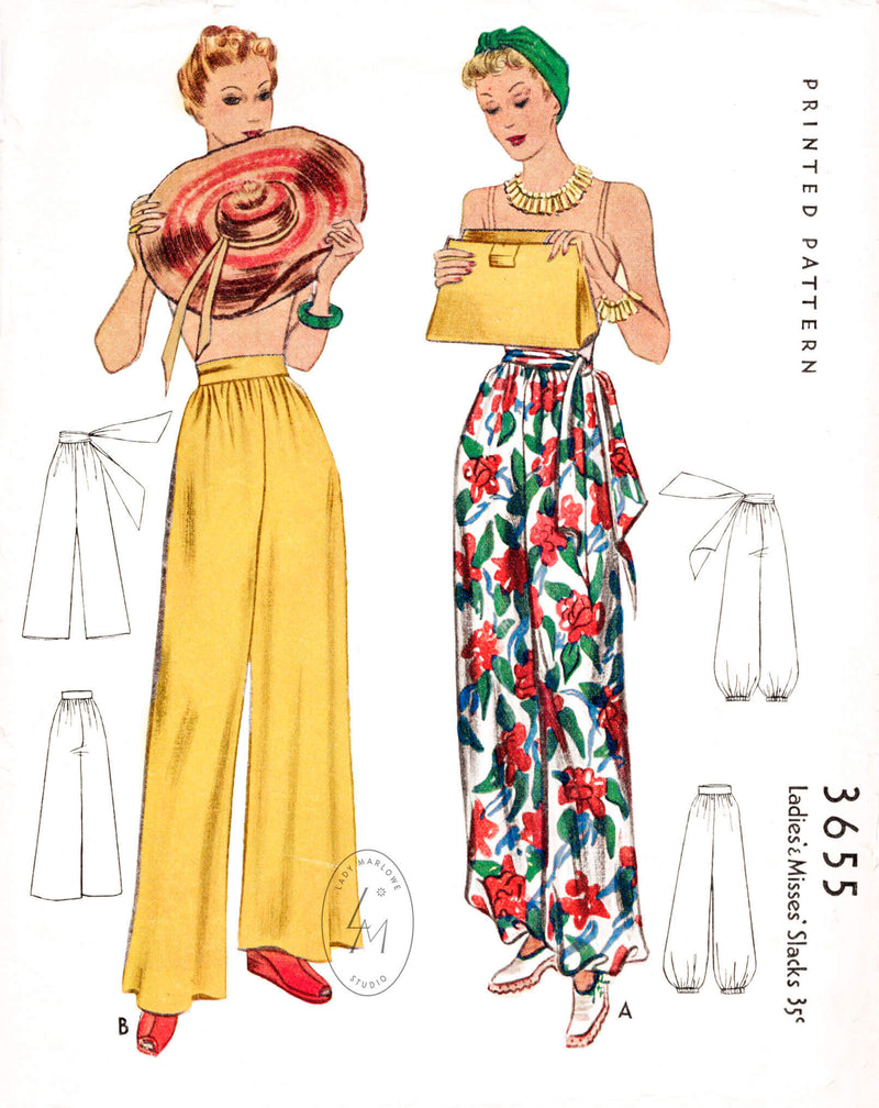 Wide Leg Trousers Vintage Sewing Pattern 1930s 1940s Slacks and Shorts  3101B 25-45 Waist INSTANT DOWNLOAD PDF 