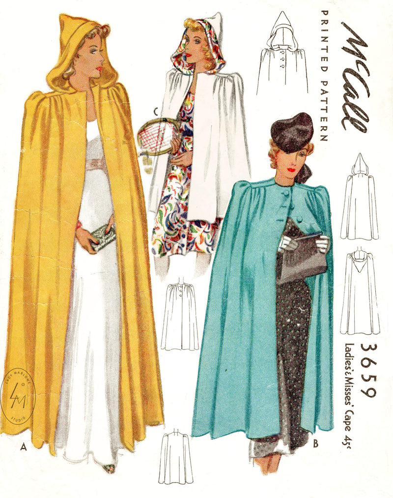 1940s McCall 3659 cape day or evening style vintage sewing pattern reproduction