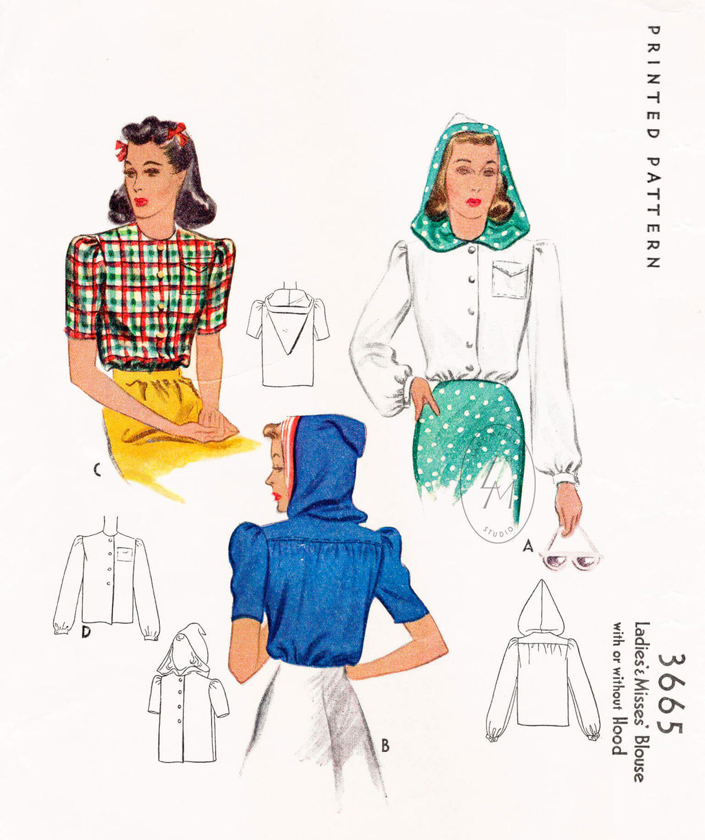 McCall 3665 1940s hooded top rosie riveter vintage sewing pattern