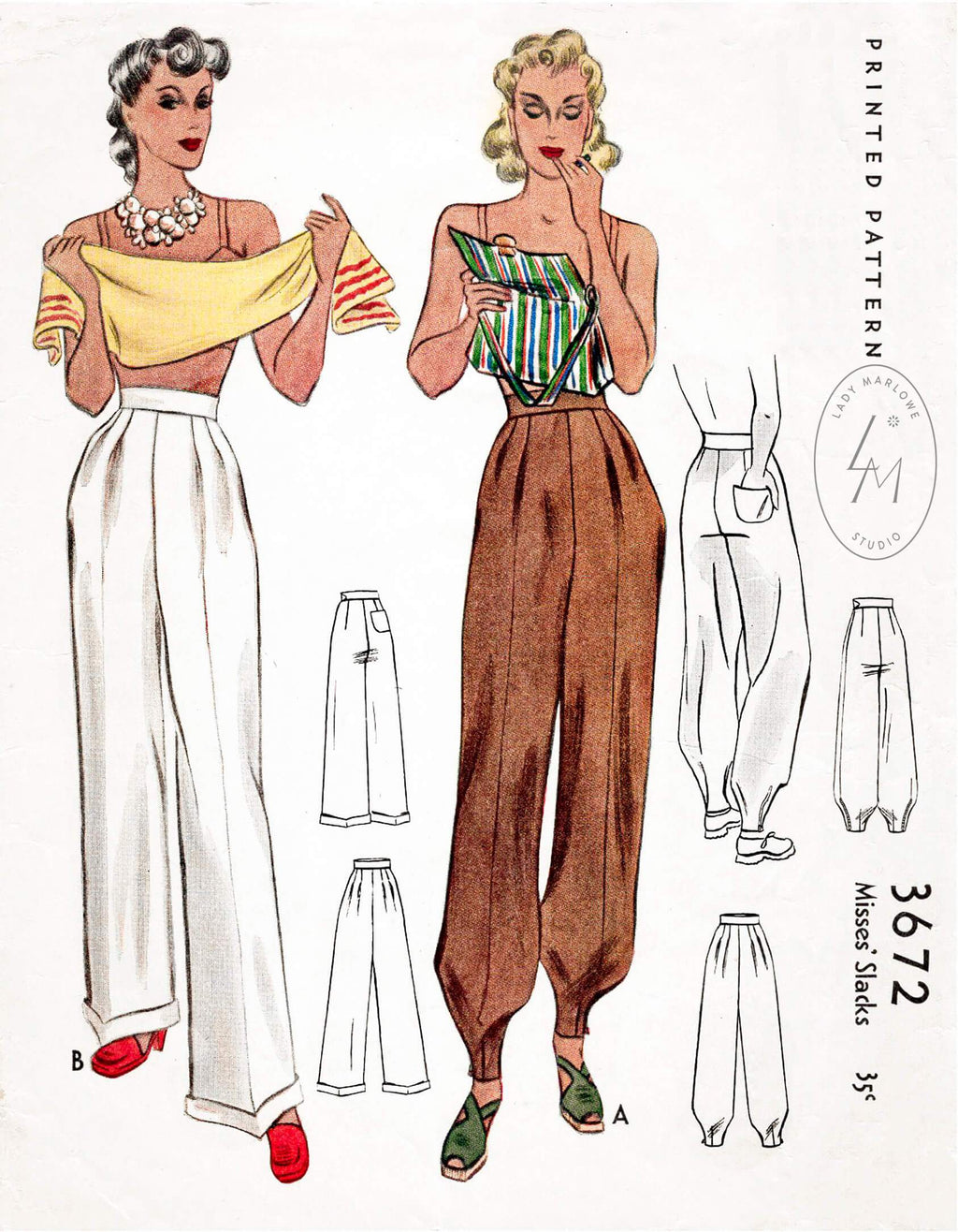 1940s high waisted tailored trousers pants vintage sewing pattern