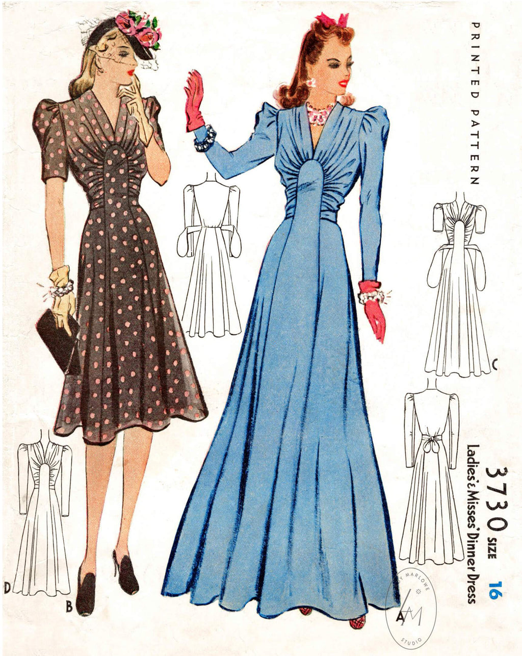 1940s day or evening dress vintage sewing pattern 3730 Lady Marlowe