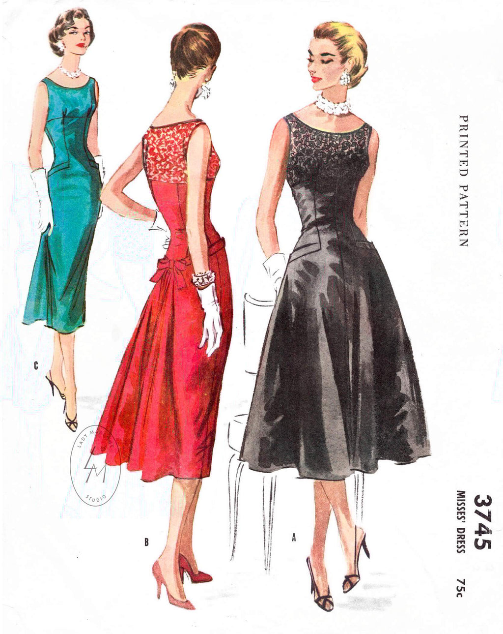 McCall's 3745 1956 cocktail dress empire waist swing skirt vintage sewing pattern reproduction