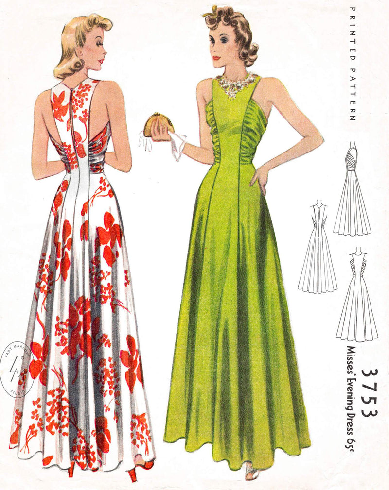 1940s 40s McCall 3753 evening gown pattern ruched seams vintage sewing pattern repro