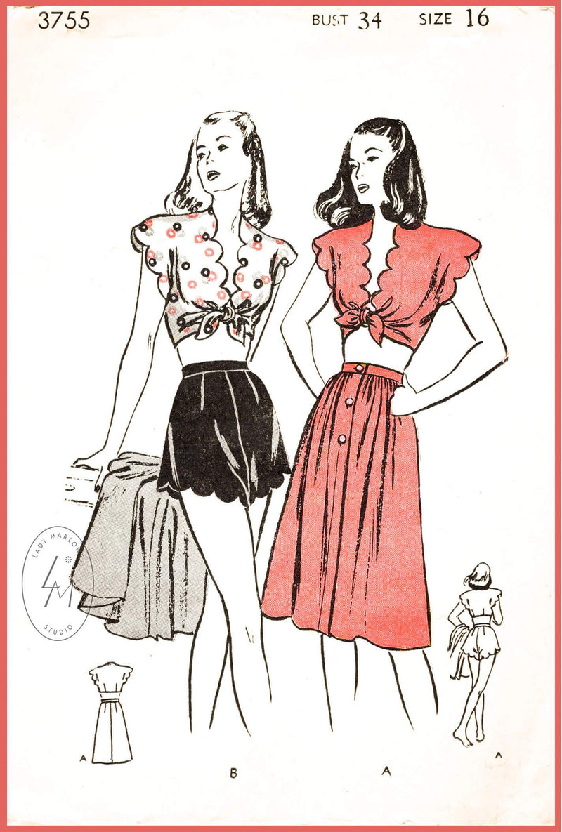 Butterick 3755 1940s vintage sewing pattern 1940 40s  scallop edge crop top high waist skirt 