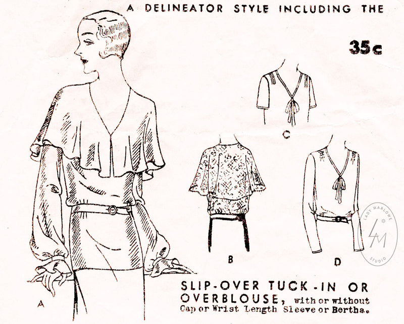 1920s blouse vintage sewing pattern repro bertha collar 4 stylesButterick 3758