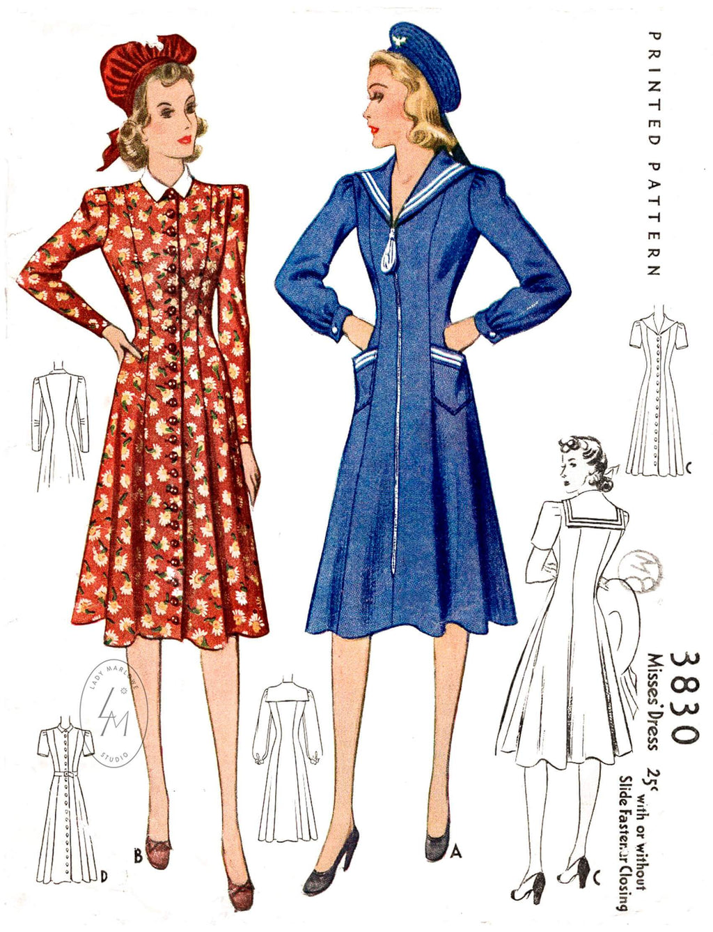 1940s McCall 3830 nautical style dress in 3 variations sailor collar puff sleeves princess seams vintage sewing pattern reproduction
