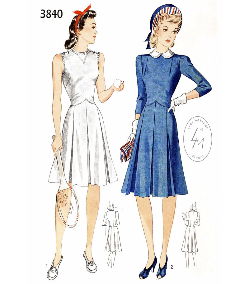 1940s sports tennis dress Simplicity 3840 peter pan collar pleated skirt vintage sewing pattern reproduction