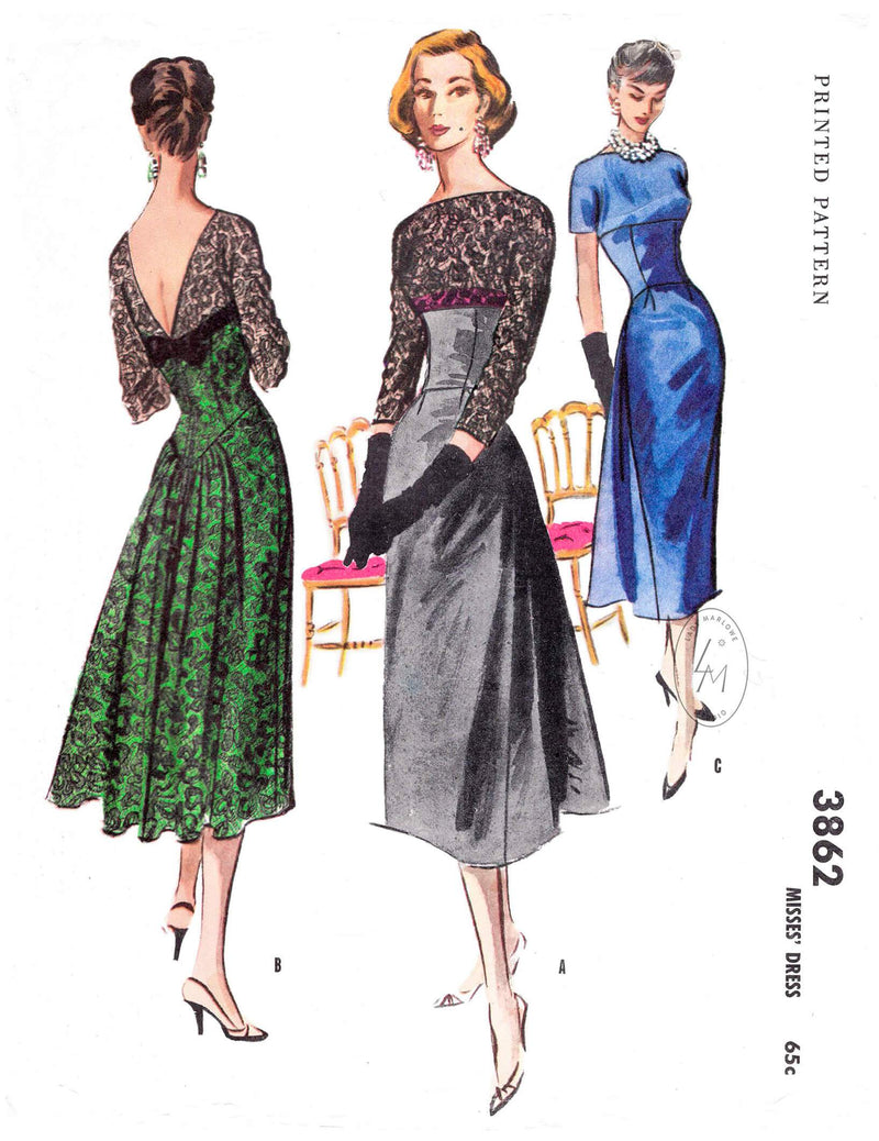 1950s 50s lace cocktail dress evening dress vintage sewing pattern reproduction McCall's 3862 bateau neck deep v back corset waist
